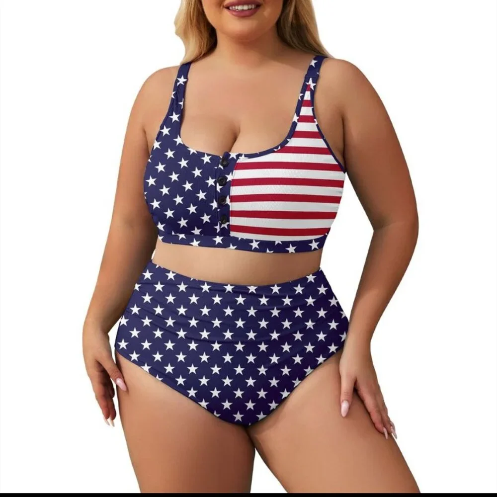 Zando Stars and Stripes 2 Piece High Waist Tummy Control Swimsuit Size: 3XL